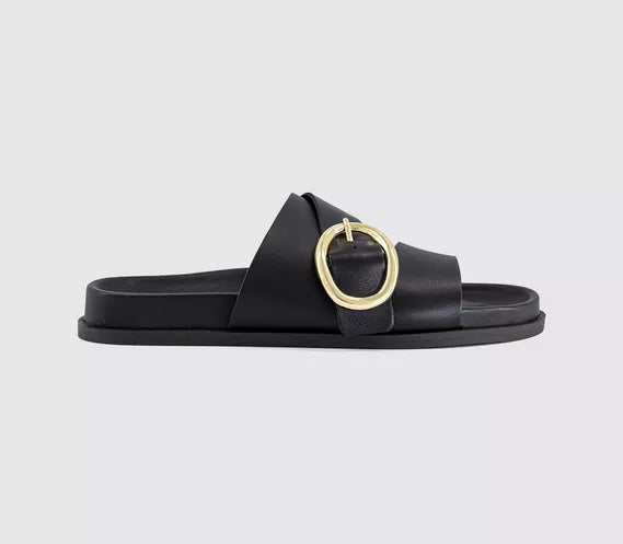 Womens OFFICE Salsa Buckle Trim Footbed Sliders Black Leather