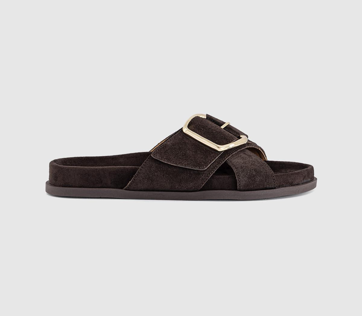 Womens OFFICE Sia Cross Over Buckle Footbed Sliders Brown Suede