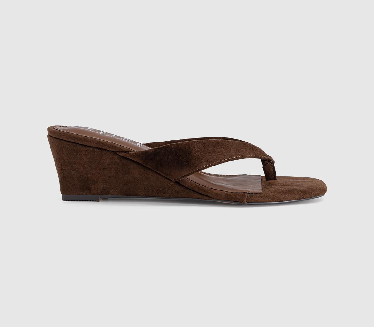 Womens OFFICE Maven Toe Post Wedge Sandals Brown Faux Suede