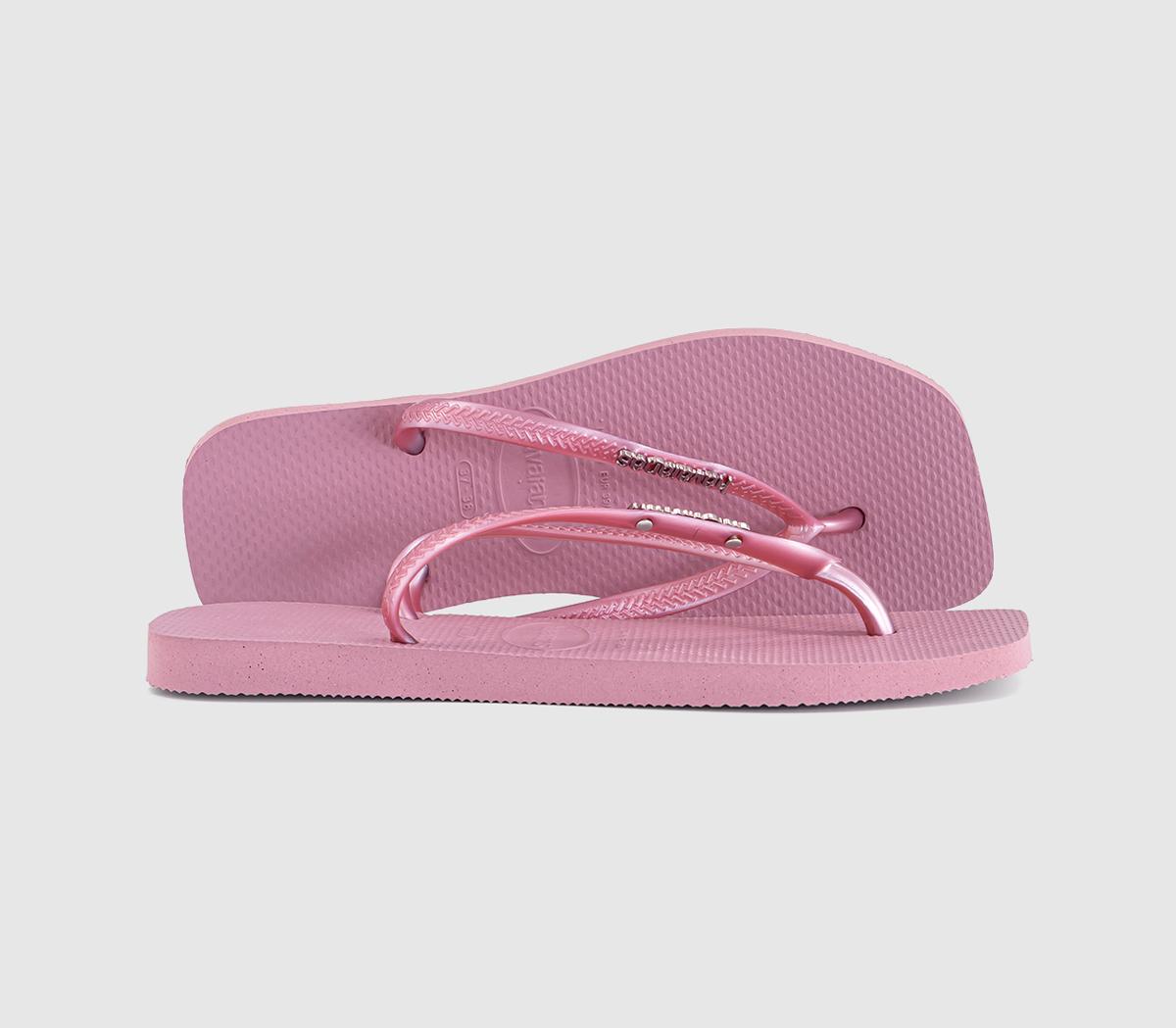 Womens Havaianas Slim Square Metallic Logo Flip Flops Rose Chiffon