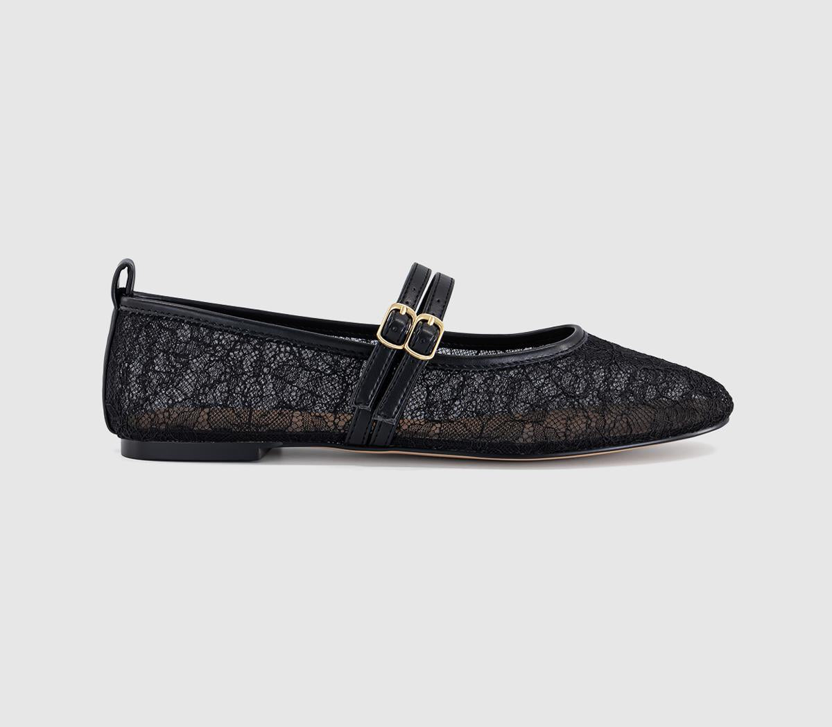 Womens OFFICE Fenix Double Strap Mary Jane Ballet Pumps Black Lace