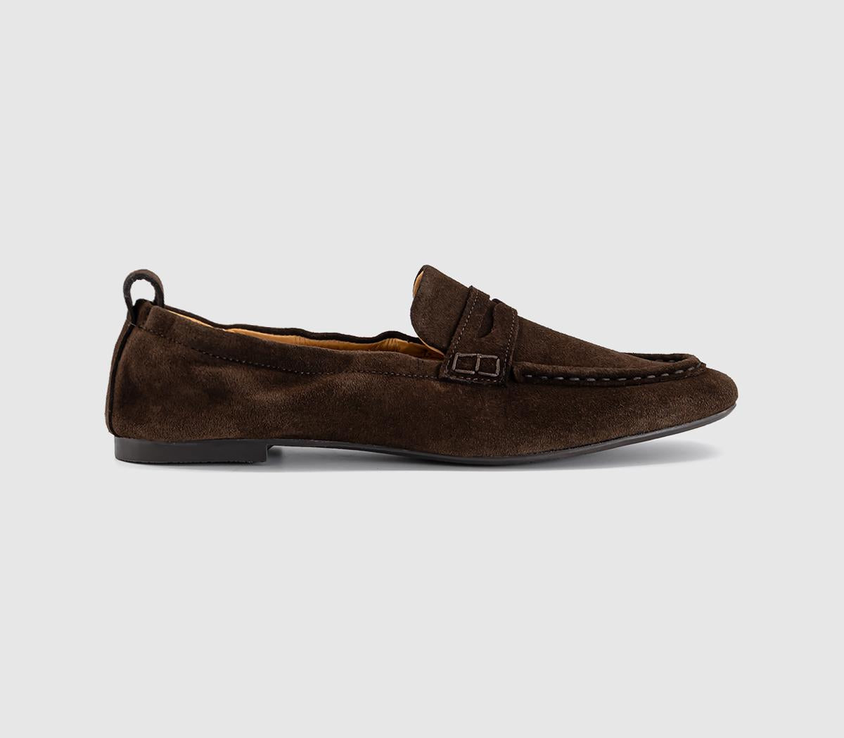 Womens OFFICE Fondant Square Toe Ruched Loafers Brown Suede
