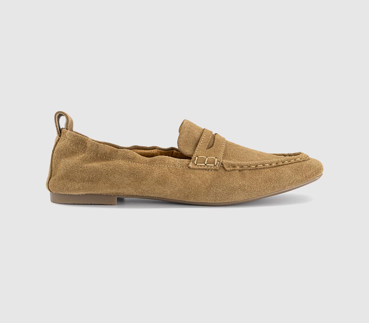 Womens OFFICE Fondant Square Toe Ruched Loafers Taupe Suede