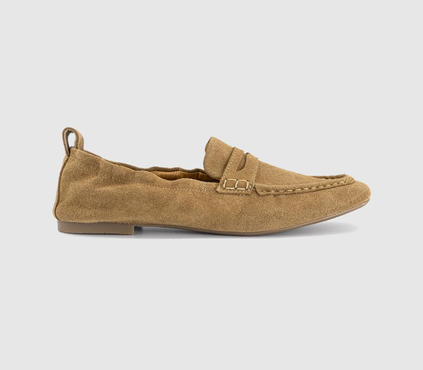 Womens OFFICE Fondant Square Toe Ruched Loafers Taupe Suede