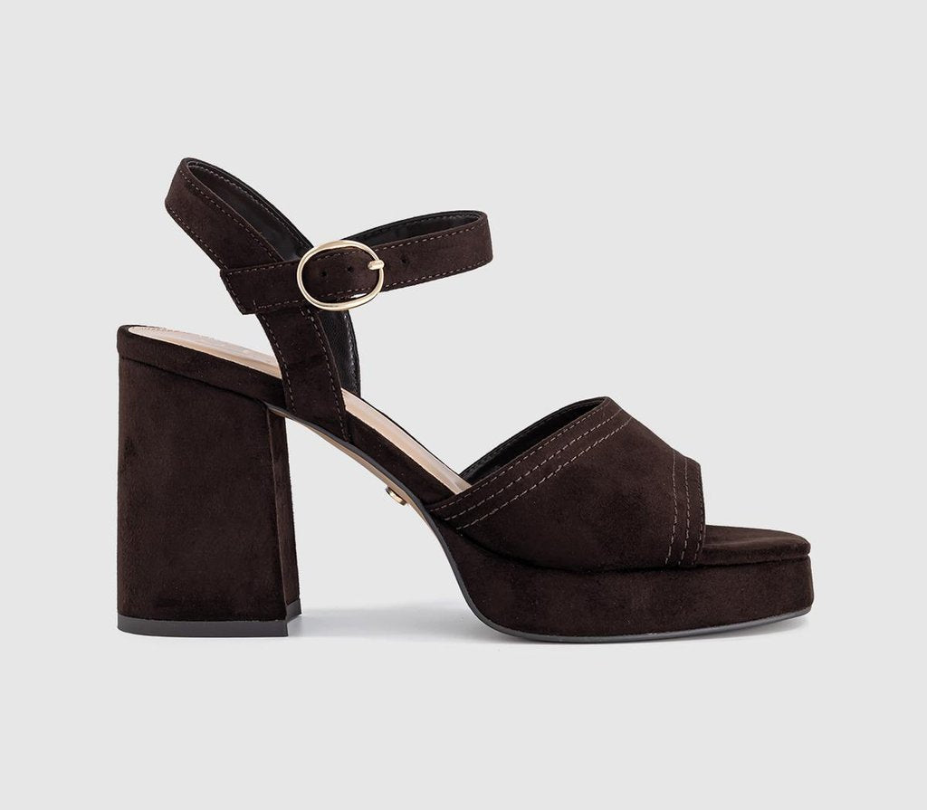 Womens OFFICE Harlow Platform Block Heel Sandals Brown Faux Suede