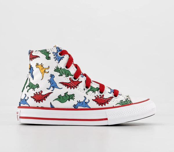 Kids Converse All Star Hi Mid Sizes White Enamel Red Totally Blue Dino