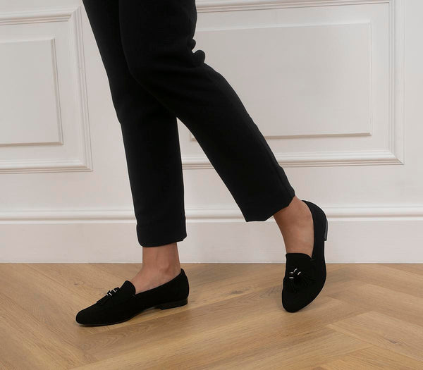 Womens Office Flick Retro Tassle Loafers Black Suede