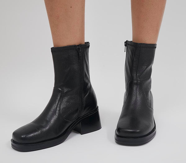 Womens Office Adventure Plain Block Heel Sock Boots Black Leather
