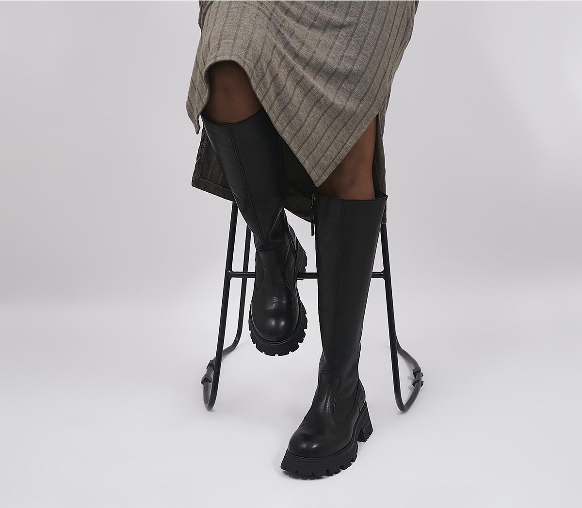Womens Office Kaci Flared Heel Knee Boots Black Leather