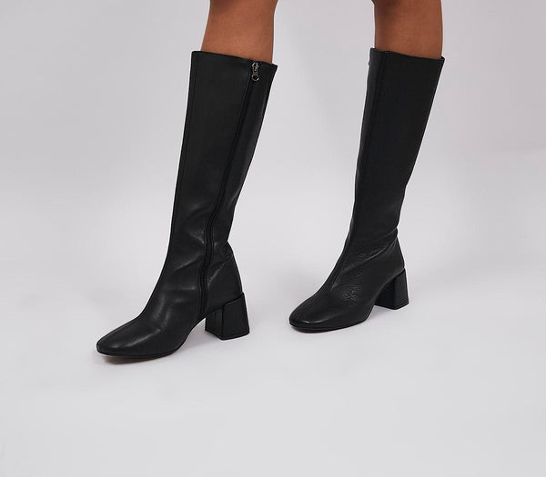 Womens Office Kaya Block Heel Knee Boots Black Leather