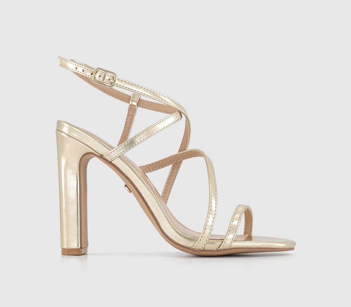 Womens Office Harlequin  Strappy Block Heels Gold