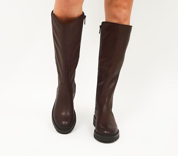 Womens Office Kara  Elastic Back Cleated Knee Boots Choc Brown Leather