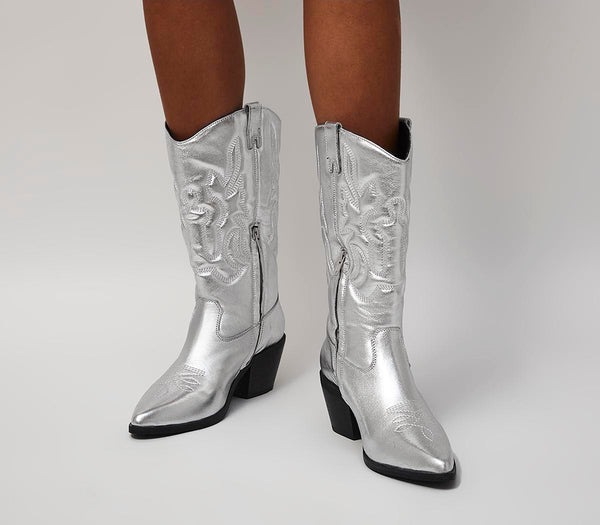 Womens Office Kansas Quilted Leg Western Boots Silver Leather