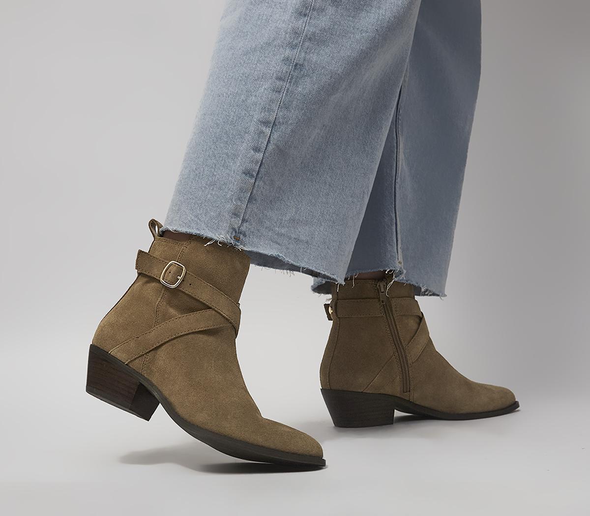 Womens Office Arcade Strap Detail Pointed Tow Ankle Boots Taupe Suede