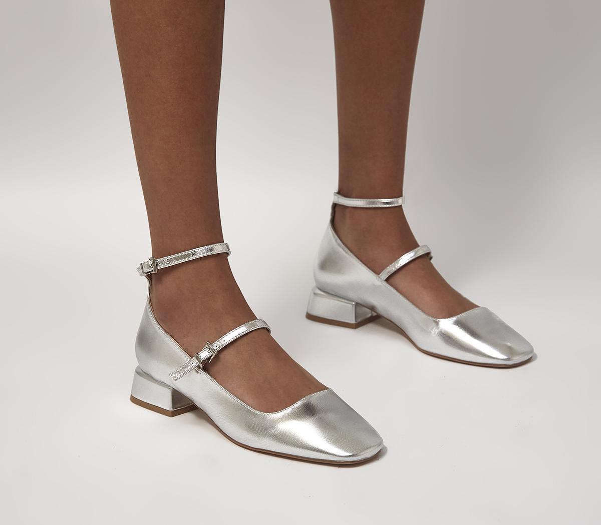 Womens Office Mighty Low Block Ankle Strap Mary Janes Silver